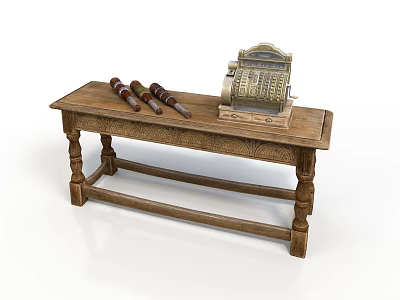Antique Wooden Table With Vintage Cash Register And Glass Bottles 3d model