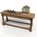 Antique Wooden Table With Vintage Cash Register And Glass Bottles