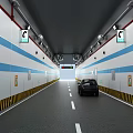 Tunnel Road Facilities With Blue Striped Walls Lighting Ventilation And Lane Markings
