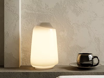 Modern White Illuminated Table Lamp with Black Mug and Textured Gray Wall Background 3d model