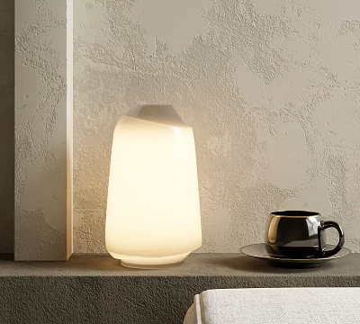 Modern White Illuminated Table Lamp with Black Mug and Textured Gray Wall Background 3d model