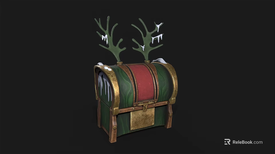 Christmas Themed Decorative Storage Box With Green Red Design And Antler Accents 3d model 