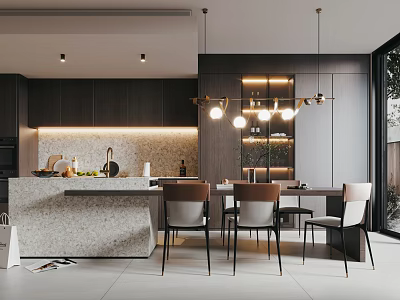 Modern Restaurant Interior Design With Dining Table Chairs Pendant Lights And Marble Counter 3d model