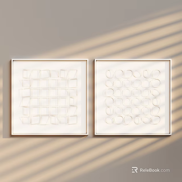 Abstract Paintings With Square Grid And Circle Patterns In White Frames On Wall 3d model
