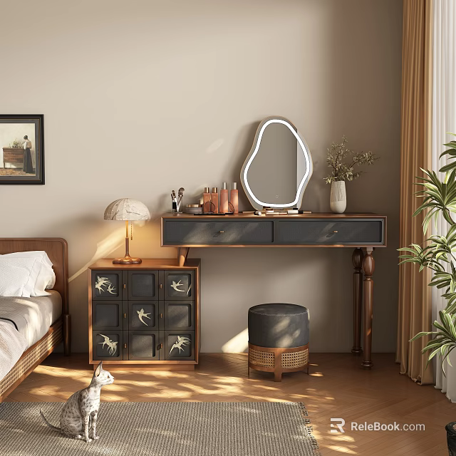 Elegant Wooden Dressing Table With Round Mirror Stool Lamp And Decorative Items 3d model 