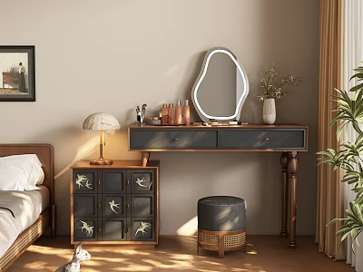 Elegant Wooden Dressing Table With Round Mirror Stool Lamp And Decorative Items 3d model