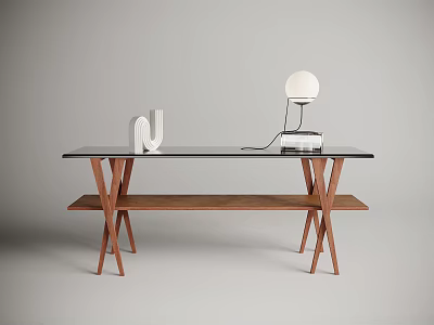 Modern Console Table With Black Glass Top Wooden Shelf White N Decor And Spherical Lamp 3d model