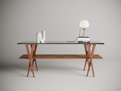 Modern Console Table With Black Glass Top Wooden Shelf White N Decor And Spherical Lamp 3d model