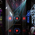 Modern Bar Interior With Neon Lights Purple Pillars Laser Beams Seating Area And Digital Screen