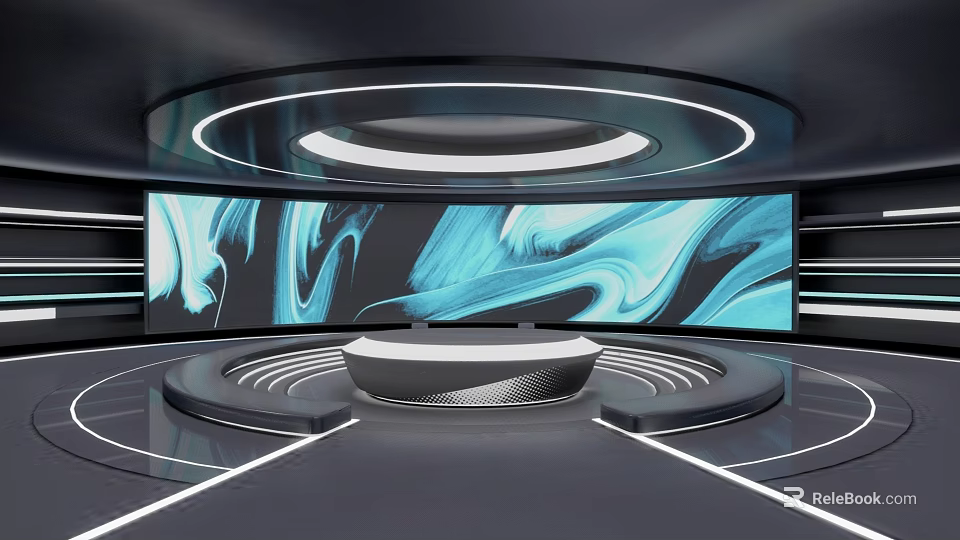 Modern Tech Studio With Large Blue Abstract Screen Circular Platform And Ceiling Light 3d model 