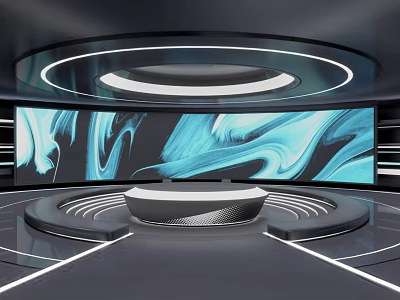 Modern Tech Studio With Large Blue Abstract Screen Circular Platform And Ceiling Light 3d model