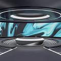 Modern Tech Studio With Large Blue Abstract Screen Circular Platform And Ceiling Light 3d model