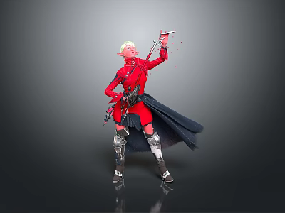Dynamic Fantasy Character In Red Outfit With White Hair And Black Cape Holding Weapon 3d model