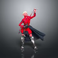 Dynamic Fantasy Character In Red Outfit With White Hair And Black Cape Holding Weapon