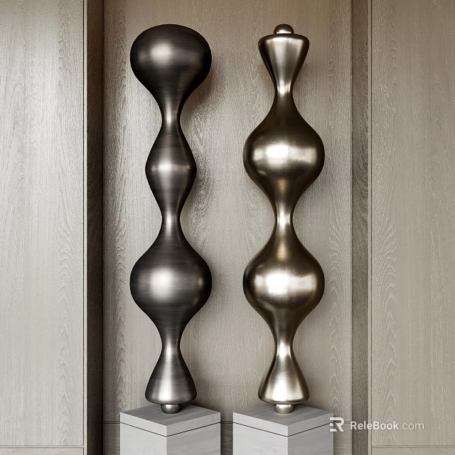 Modern Polished Metal Curved Wave Shaped Artistic Decorative Sculptures On Wooden Wall Background 3d model 