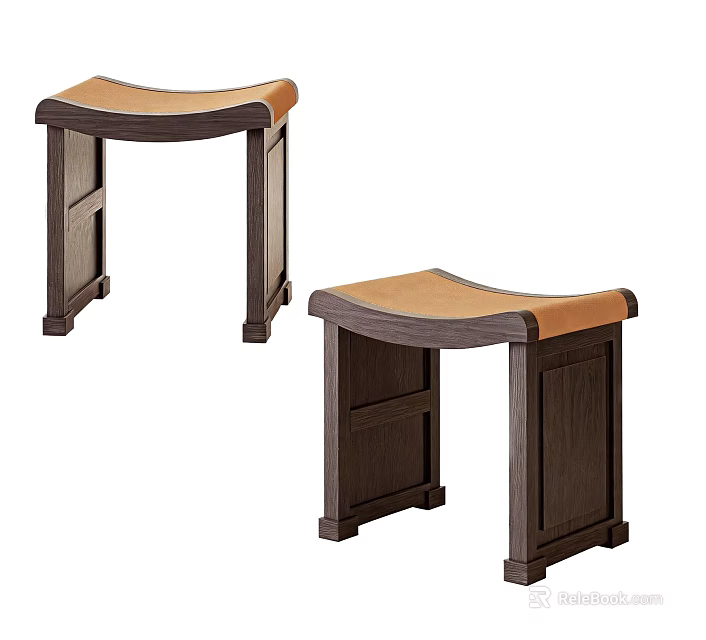 Elegant New Chinese Style Solid Wood Stools With Curved Soft Upholstered Seats For Cozy Homes 3d model 