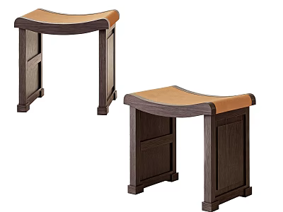 Elegant New Chinese Style Solid Wood Stools With Curved Soft Upholstered Seats For Cozy Homes 3d model