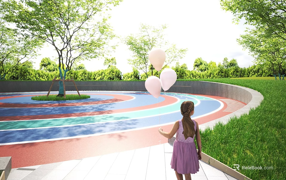 Park Landscape With Colorful Track Trees And Little Girl Holding White Balloons 3d model 