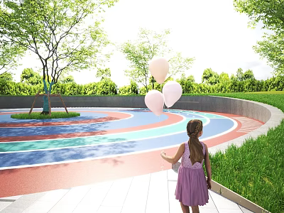 Park Landscape With Colorful Track Trees And Little Girl Holding White Balloons 3d model