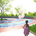 Park Landscape With Colorful Track Trees And Little Girl Holding White Balloons