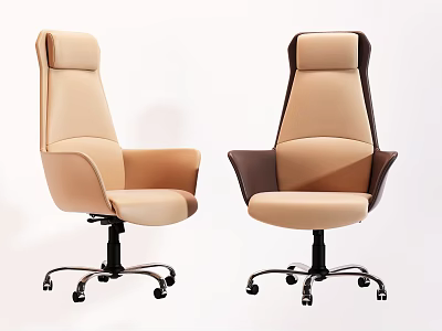 Modern High Back Office Chairs With Beige And Dark Brown Leather Upholstery And Swivel Wheels 3d model