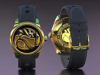 Gold Watch With Unique Dial Leather Strap And Hogg Coin 3d model