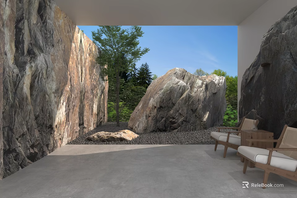Stone Walls And Wooden Chairs In Outdoor Courtyard With Natural Landscape 3d model 