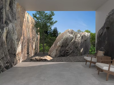 Stone Walls And Wooden Chairs In Outdoor Courtyard With Natural Landscape 3d model