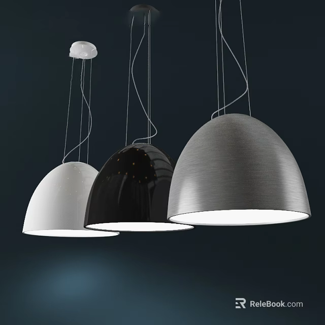 Three Modern Dome Shaped Pendant Lights In White Black And Silver Finishes 3d model 