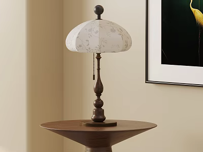 Vintage Table Lamp with White Floral Pattern Shade and Wooden Base on Round Side Table 3d model