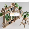 Stylish Multilayer Wooden Shelf With Potted Plants Books Decorative Items And Small Stool