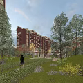 Red Brick Residential Buildings With Landscaped Garden Trees And Walking Paths