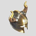 Viking Style Golden Metal Helmet With Brown Horns And Decorative Rivets Design