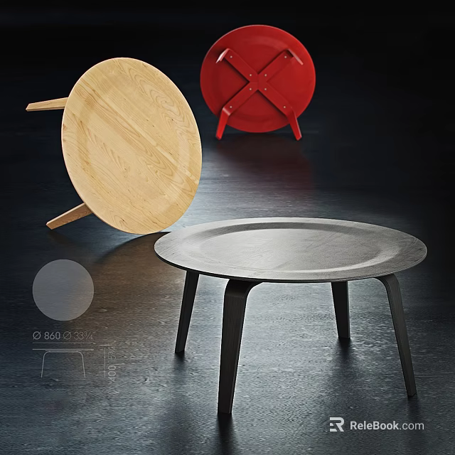 Stylish Round Coffee Tables Featuring Light Wood Black And Red Finishes With Modern Tray Design 3d model 