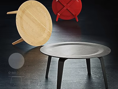 Stylish Round Coffee Tables Featuring Light Wood Black And Red Finishes With Modern Tray Design 3d model