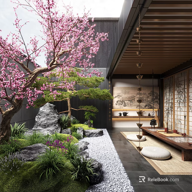 Japanese Courtyard Garden Featuring Pink Cherry Blossom Tree Black Wall Stone Path Pebbles Green Plants 3d model 
