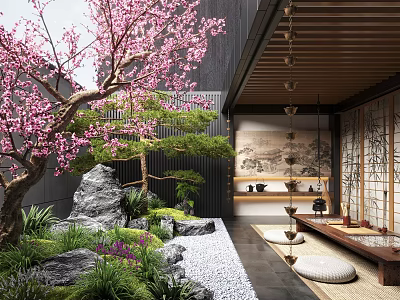 Japanese Courtyard Garden Featuring Pink Cherry Blossom Tree Black Wall Stone Path Pebbles Green Plants 3d model