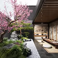 Japanese Courtyard Garden Featuring Pink Cherry Blossom Tree Black Wall Stone Path Pebbles Green Plants
