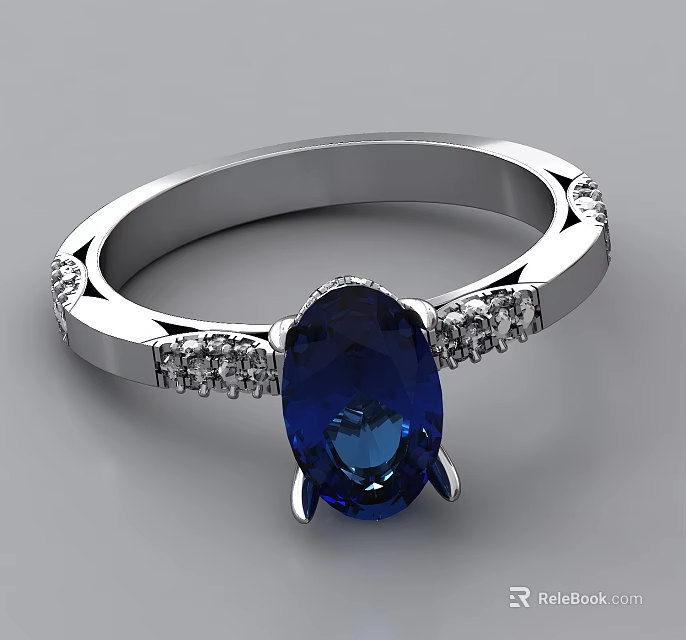 Elegant Silver Ring With Oval Blue Gemstone And Small Diamond Inlays 3d model 