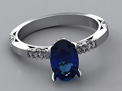 Elegant Silver Ring With Oval Blue Gemstone And Small Diamond Inlays 3d model