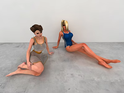 Two Models Sitting On Gray Floor With White Wall Brunette In Gray Blonde In Blue 3d model