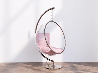 Stylish Transparent Spherical Hanging Chair With Pink Cushion Metal Stand White Wall And Wooden Floor 3d model