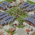 Traditional Ancient Chinese Architecture Complex With Blue Roofs Palm Trees And Courtyard Design
