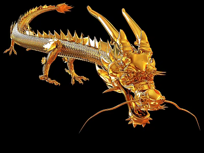 Golden Scaled Dragon With Wings Sharp Horns And Long Tail As Flying Animal 3d model