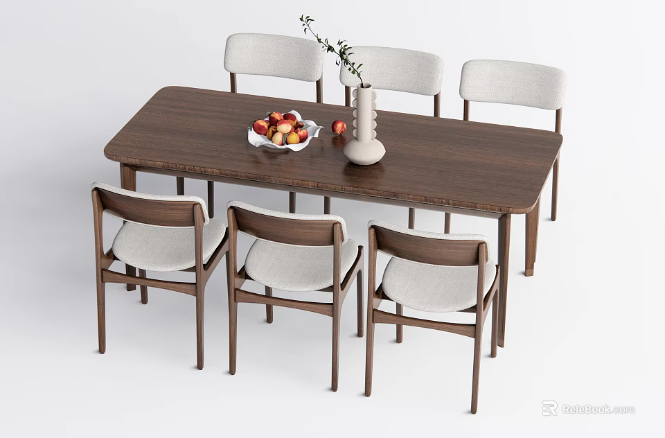 Wooden Rectangular Dining Table Set with Light Gray Chairs and Fruit Bowl Vase 3d model