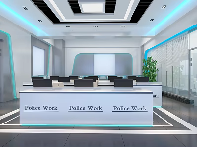 Modern Police Office Interior With Desks Computers Large Windows Green Plant And Ceiling Design 3d model