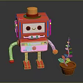 Red Robot With Smiling Face And Metal Arms Next To Potted Green Leaf Plant