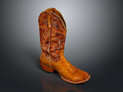 Vintage Brown Leather Cowboy Boots With Intricate Carved Design And Classic Style 3d model