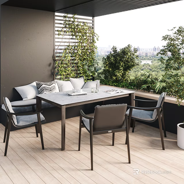 Patio Dining Table Set With Bench Seating Chairs Green Plants And City View 3d model 