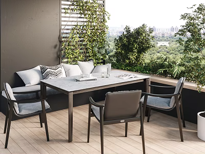Patio Dining Table Set With Bench Seating Chairs Green Plants And City View 3d model